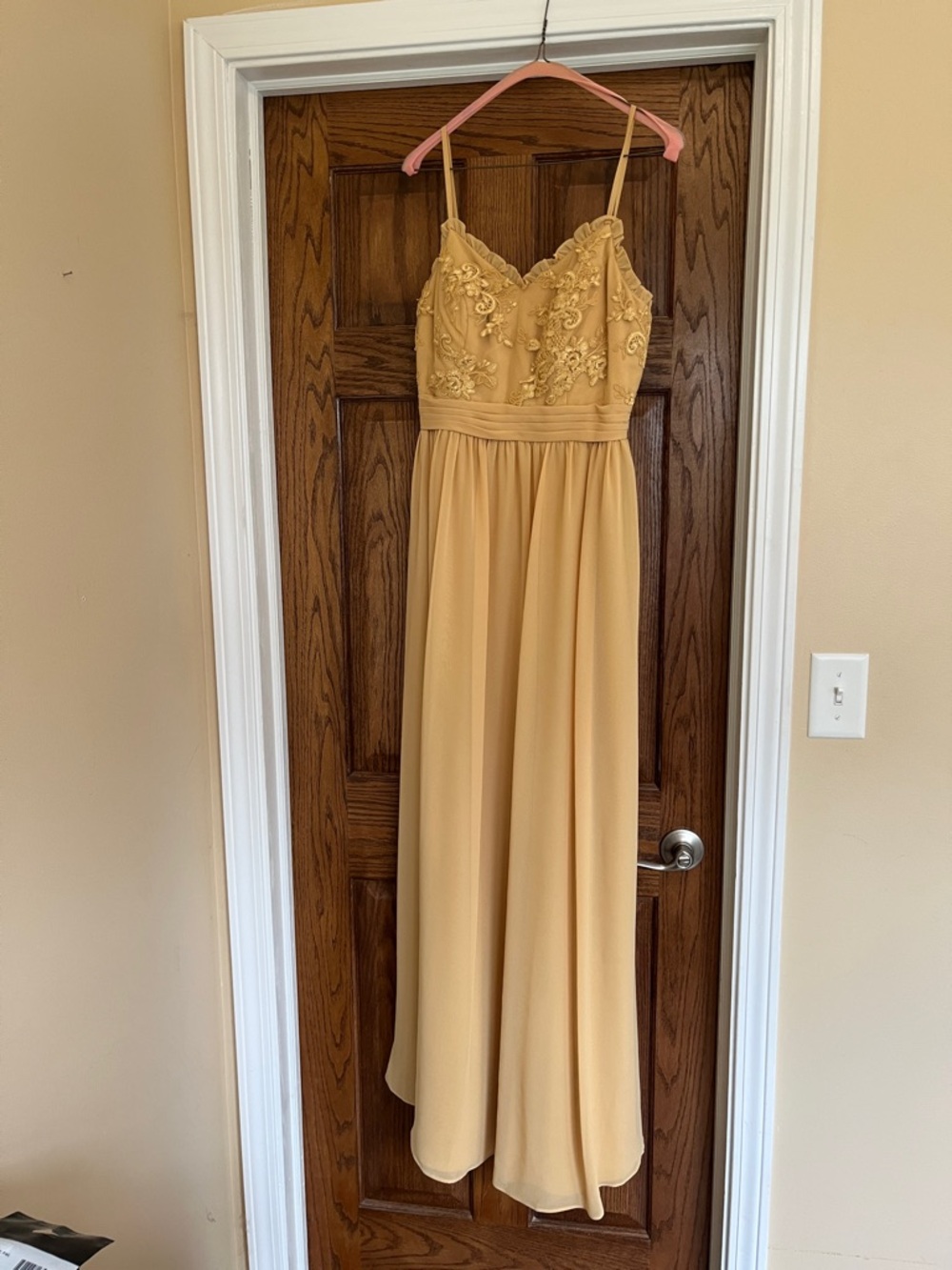 Azazie Mustard Embroidered Spaghetti-Strap Maxi Dress